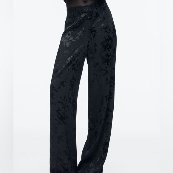 Zara Pants - Zara Black Floral Jacquard Wide-Leg Pants